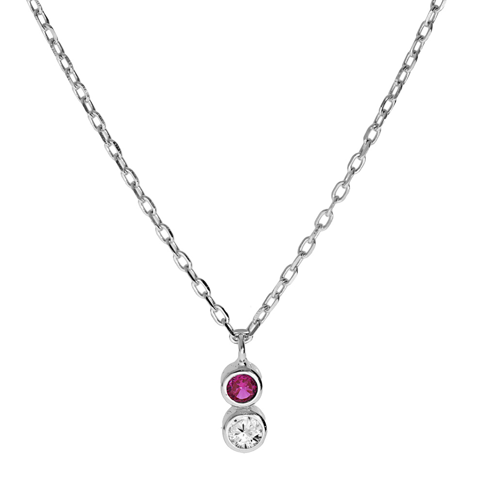 Collier en argent rhodi� cha�ne avec pendentif oxydes blanc et fuschia sertis clos 40+3cm - Vue 1