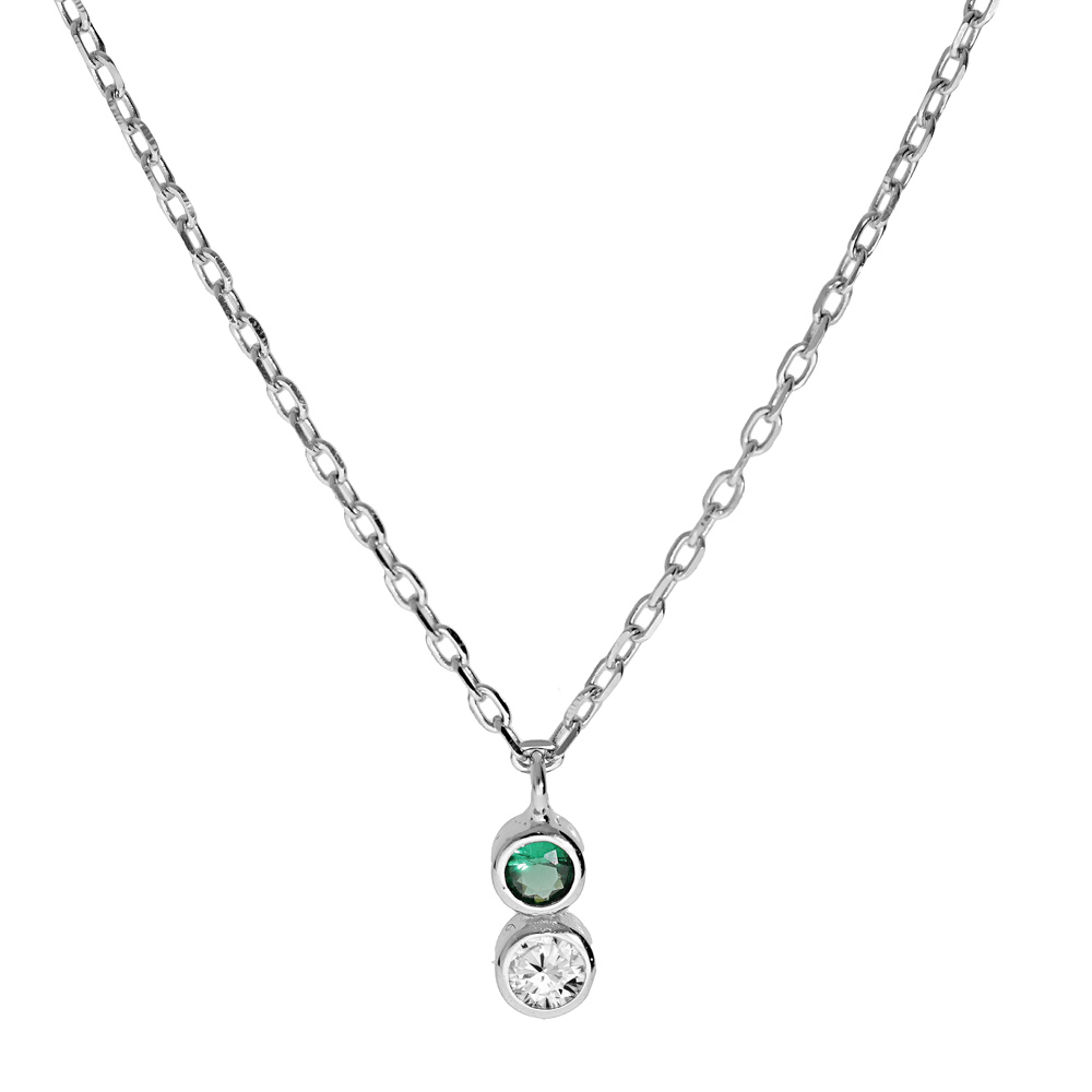 Collier en argent rhodi� cha�ne avec pendentif oxydes blanc et vert sertis clos 40+3cm - Vue 1