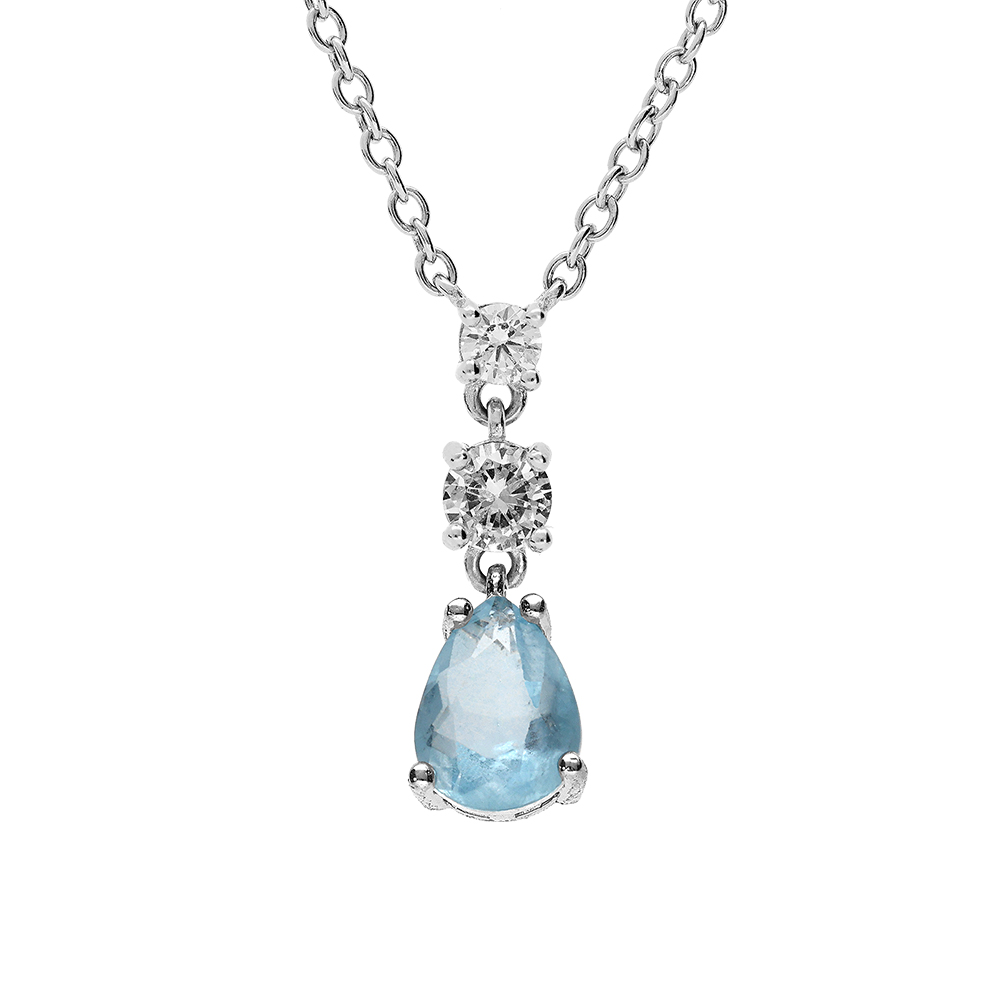 Collier en argent rhodi� cha�ne avec pendentif oxydes ronds blancs sertis et goutte bleu ciel 42+3cm - Vue 1