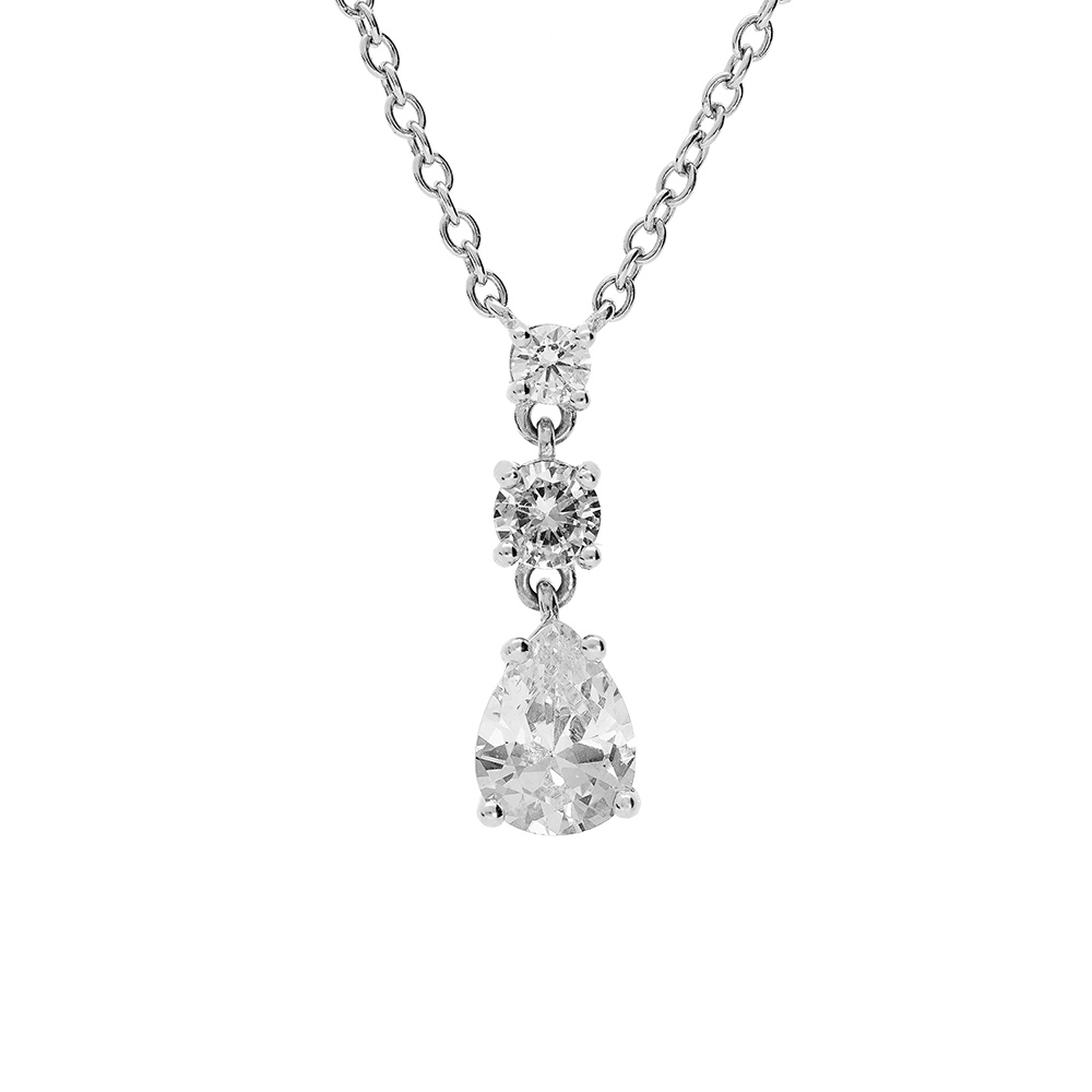 Collier en argent rhodi� cha�ne avec pendentif oxydes ronds blancs sertis et goutte oxyde blanc 42+3cm - Vue 1