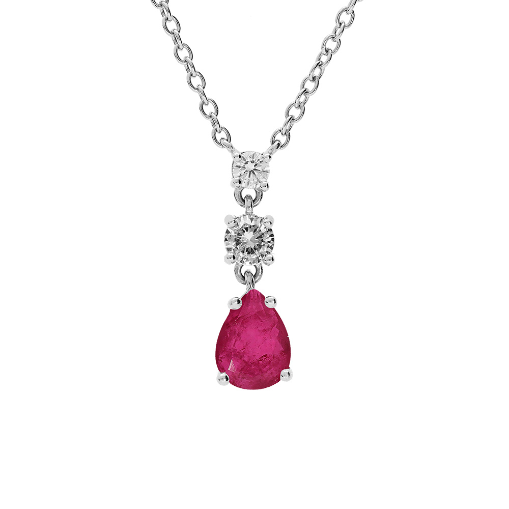 Collier en argent rhodi� cha�ne avec pendentif oxydes ronds blancs sertis et goutte oxyde fushia 42+3cm - Vue 1