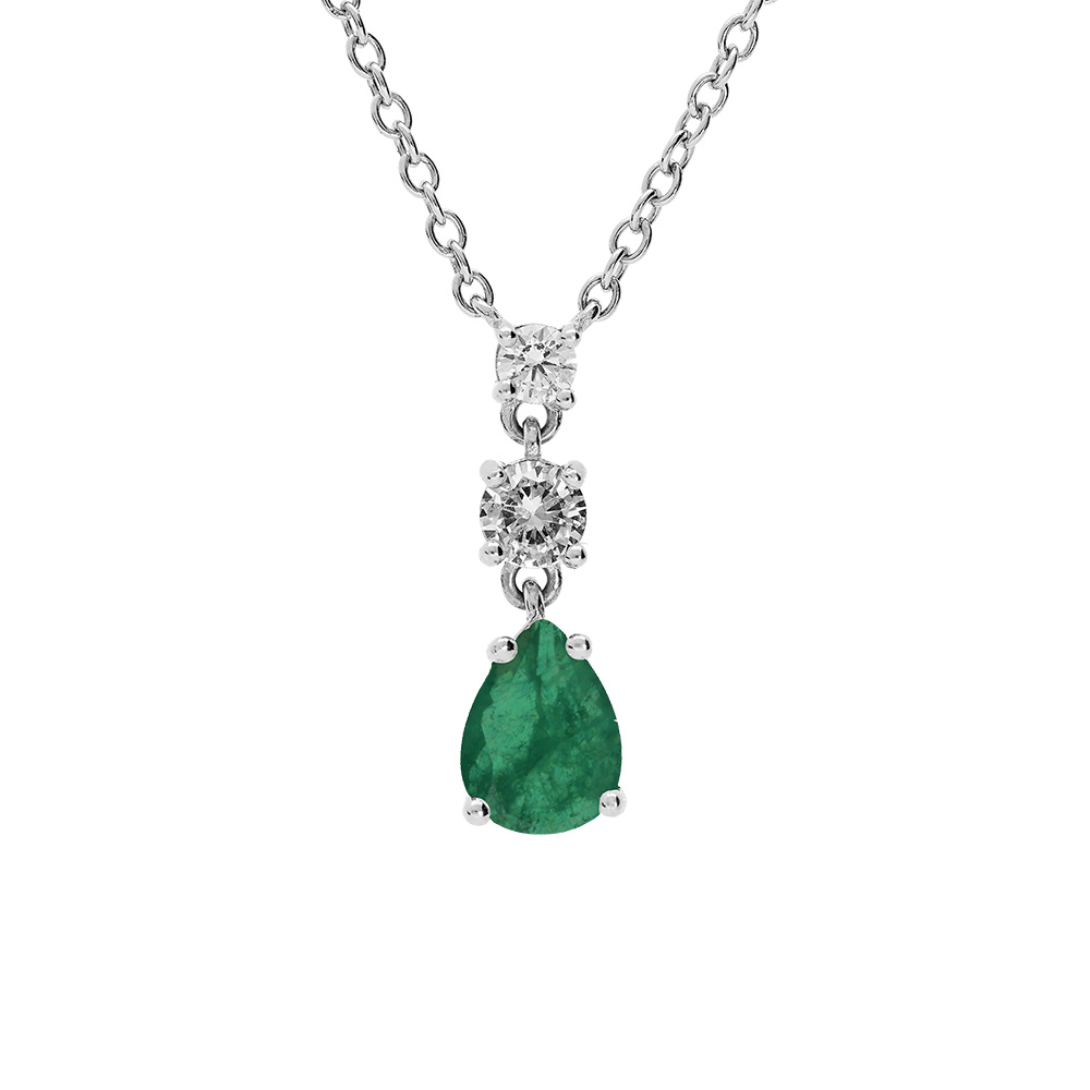 Collier en argent rhodi� cha�ne avec pendentif oxydes ronds blancs sertis et goutte oxyde vert fonc� 42+3cm - Vue 1