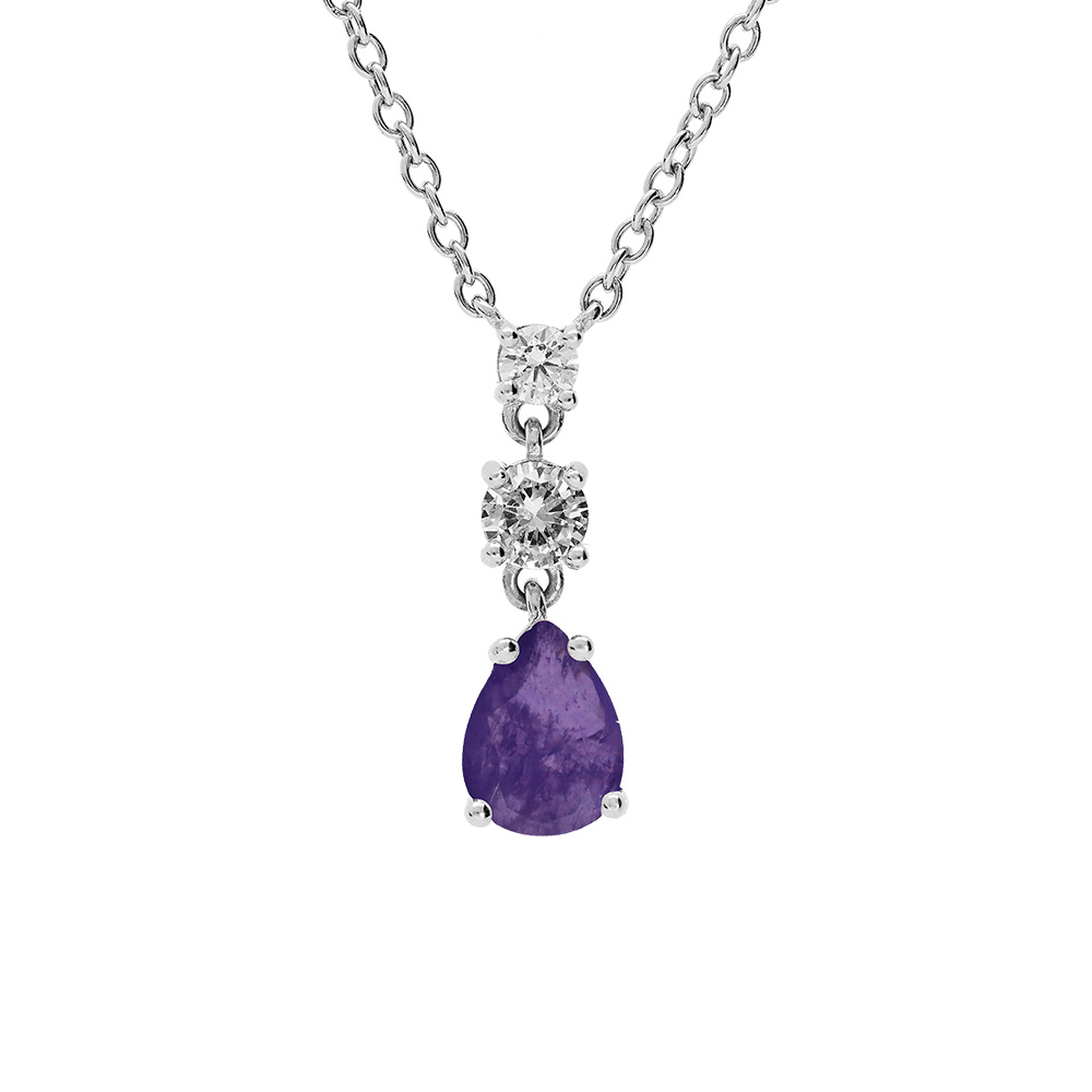 Collier en argent rhodi� cha�ne avec pendentif oxydes ronds blancs sertis et goutte oxyde violet 42+3cm - Vue 1