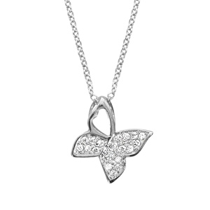 Collier en argent rhodi chane avec pendentif papillon avec 3 ailes paves d\'oxydes blancs sertis - longueur 40cm + 4cm de rallonge - Vue 1