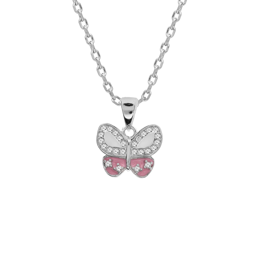 Collier en argent rhodi� cha�ne avec pendentif papillon pav� d\'oxydes blancs et couleur rose 42+3cm - Vue 1