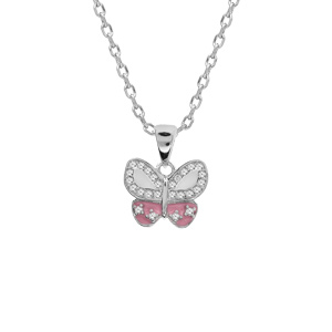 Collier en argent rhodi chane avec pendentif papillon pav d\'oxydes blancs et couleur rose 42+3cm - Vue 1