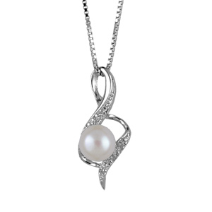 Collier en argent rhodi chane avec pendentif perle blanche de synthse dans une petite torsade orne d\'oxydes blancs - longueur 42cm + 3cm de rallonge - Vue 1