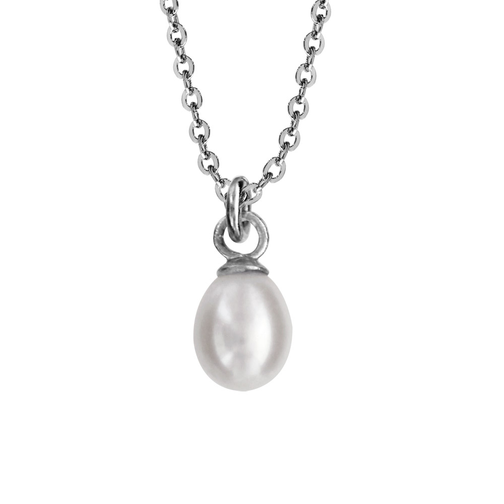 Collier en argent rhodi� cha�ne avec pendentif perle de culture blanche de 6mm en forme de poire 42+3cm - Vue 1