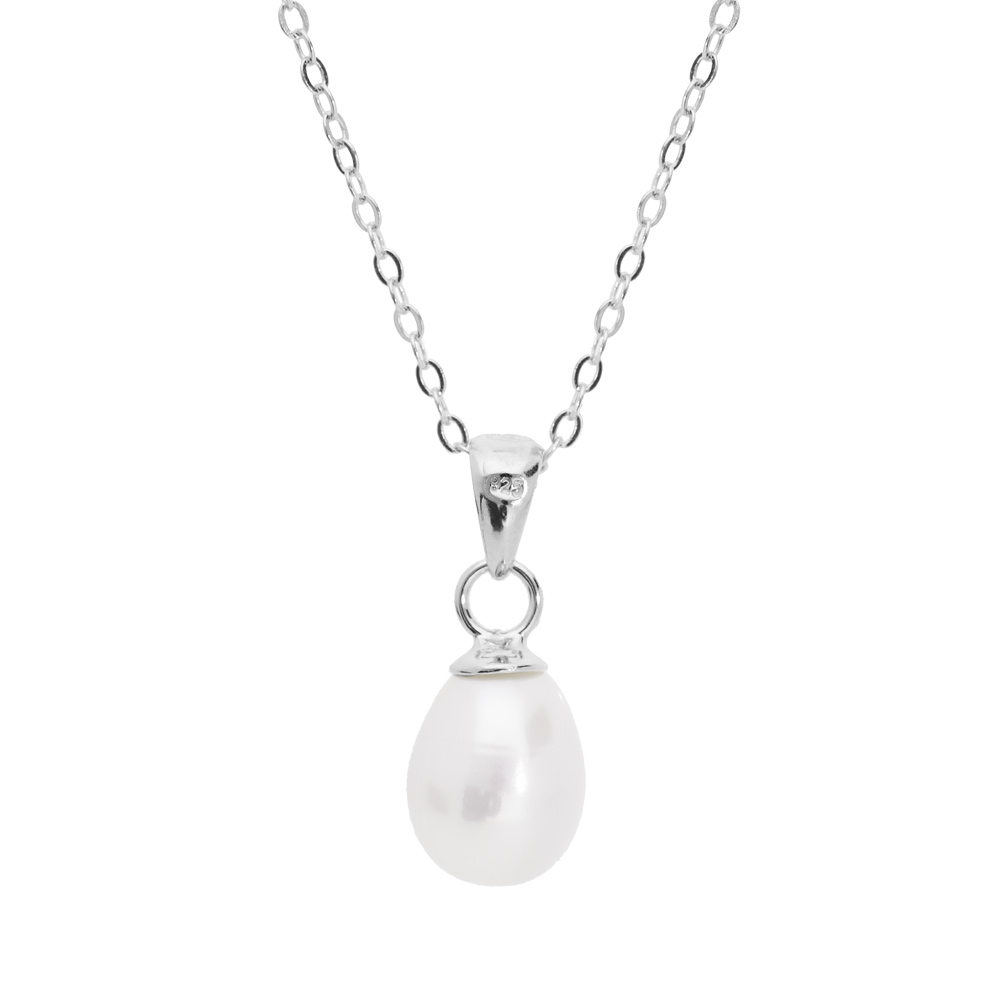 Collier en argent rhodi� cha�ne avec pendentif perle de culture blanche de 7mm en forme de poire 42+3cm - Vue 1