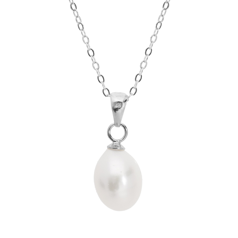 Collier en argent rhodi� cha�ne avec pendentif perle de culture blanche de 8mm en forme de poire 42+3cm - Vue 1