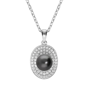 Collier en argent rhodi chane avec pendentif Perle de culture de Tahiti vritable 7mm et contour oxydes blancs sertis 42+3cm - Vue 1
