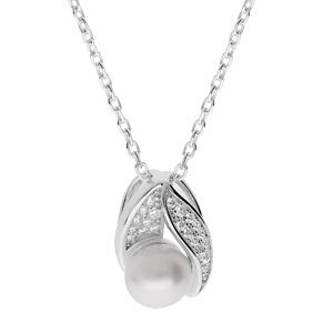 Collier en argent rhodi chane avec pendentif Perle de culture d\'eau douce blanche 8mm et oxydes blancs sertis 42+3cm - Vue 1
