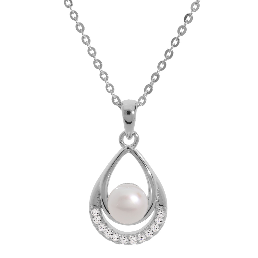Collier en argent rhodi chane avec pendentif perle de culture d\'eau douce blanche dans goutte et oxydes blancs sertis 42+3cm - Vue 1