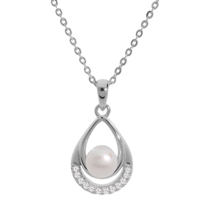 Collier en argent rhodi chane avec pendentif perle de culture d\'eau douce blanche dans goutte et oxydes blancs sertis 42+3cm - Vue 1