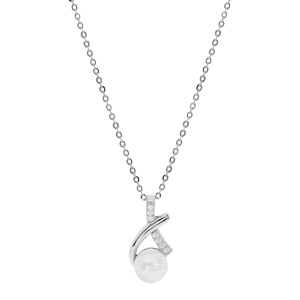 Collier en argent rhodi chane avec pendentif perle de culture d\'eau douce blanche et oxydes blancs sertis 42+3cm - Vue 1