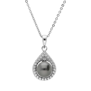Collier en argent rhodi chane avec pendentif Perle de Tahiti vritable 8mm et contour oxydes blancs sertis 42+3cm - Vue 1