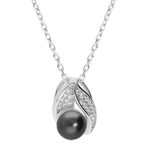 Collier en argent rhodi chane avec pendentif Perle de Tahiti vritable et oxydes blancs sertis 42+3cm - Vue 1