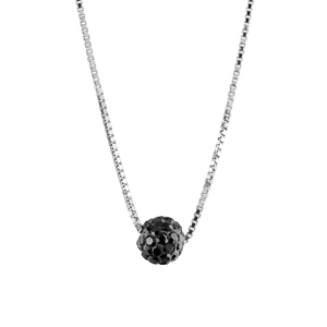 Collier en argent rhodi chane avec pendentif petite boule en rsine et strass noirs - longueur 38cm + 5cm de rallonge - Vue 1