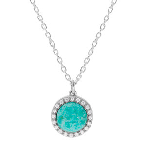 Collier en argent rhodi chane avec pendentif pierre Amazonite naturelle ronde et contour d\'oxydes blancs sertis 42+3cm - Vue 1