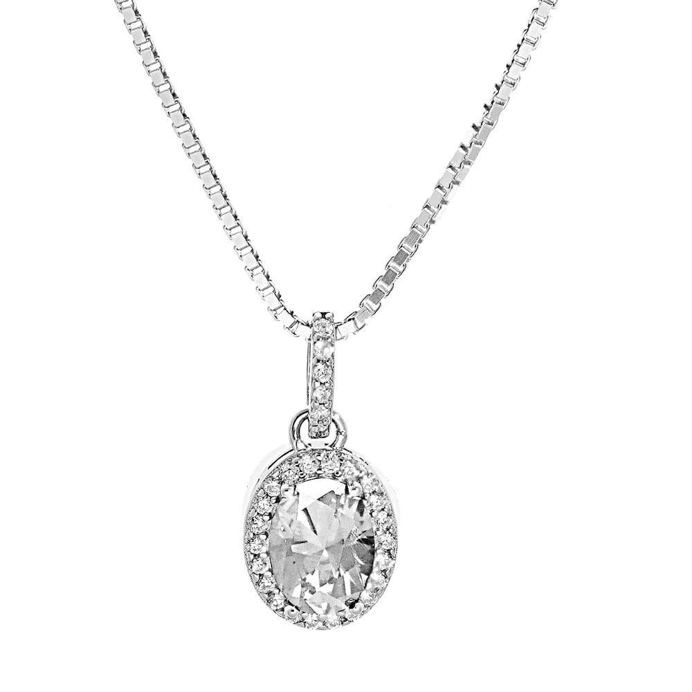 Collier en argent rhodi� cha�ne avec pendentif pierre blanche suspendue sur barrette et contour oxydes blancs sertis 42+3cm - Vue 1