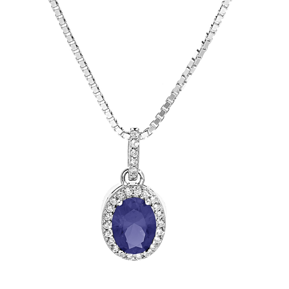 Collier en argent rhodi� cha�ne avec pendentif pierre bleue suspendue sur barrette et contour oxydes blancs sertis 42+3cm - Vue 1