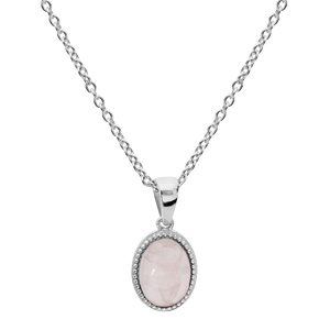 Collier en argent rhodi chane avec pendentif pierre pierre Quartz rose vritable et contour perl 42+3cm - Vue 1