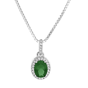 Collier en argent rhodi chane avec pendentif pierre verte suspendue sur barrette et contour oxydes blancs sertis 42+3cm - Vue 1