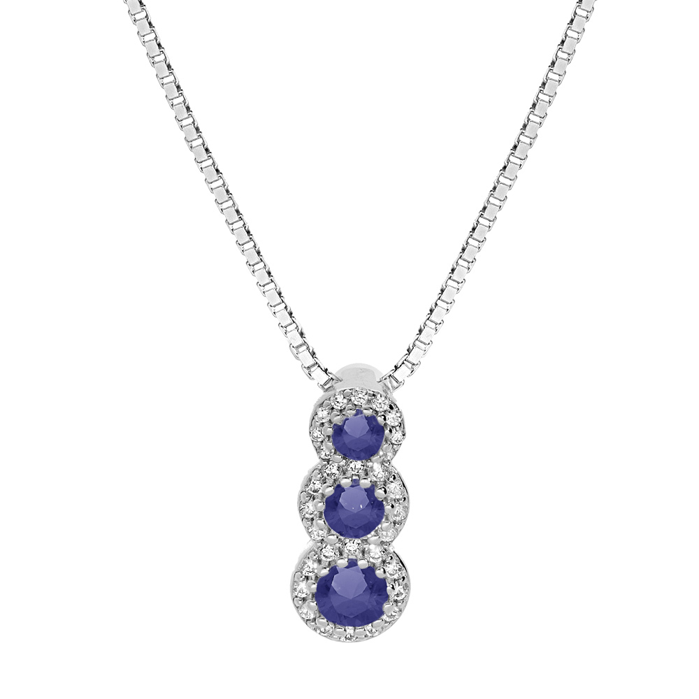 Collier en argent rhodi� cha�ne avec pendentif pierres bleues en chute et contour oxydes blancs sertis 42+3cm - Vue 1