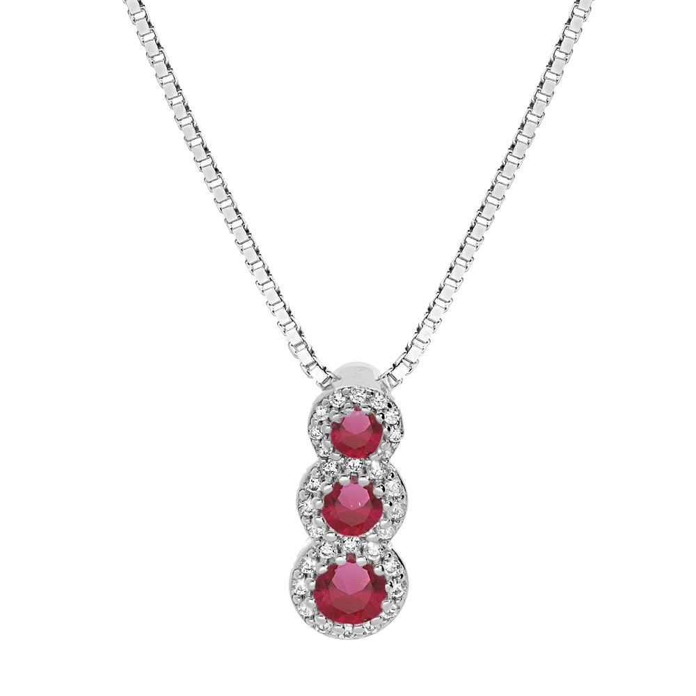 Collier en argent rhodi� cha�ne avec pendentif pierres rouges en chute et contour oxydes blancs sertis 42+3cm - Vue 1