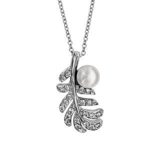 Collier en argent rhodié chaîne avec pendentif plume défaite ornée d\'oxydes blancs avec perle blanche synthétique sur la tige - longueur 40cm + 4cm de rallonge - Vue 1