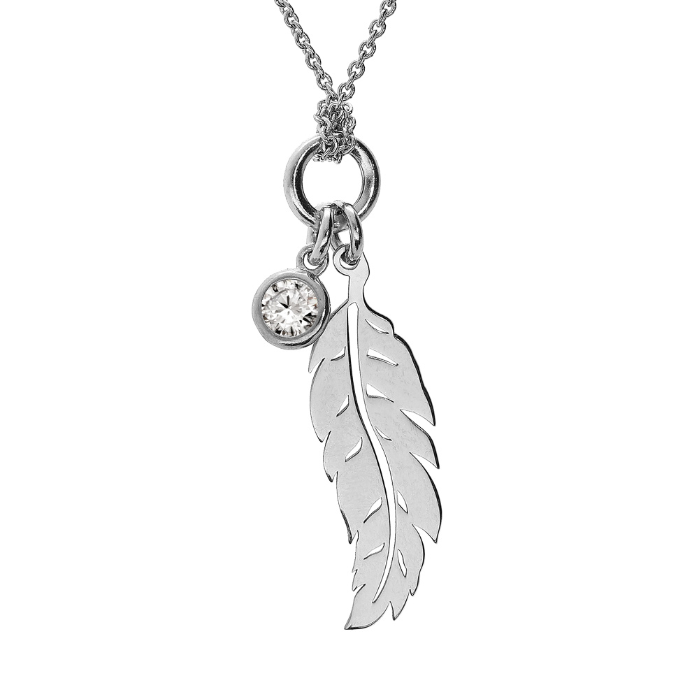 Collier en argent rhodi� cha�ne avec pendentif plume et oxyde blanc serti clos 41+4cm - Vue 1