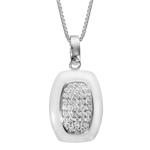 Collier en argent rhodié chaîne avec pendentif rectangulaire céramique blanche et oxydes sertis 42+3cm - Vue 1