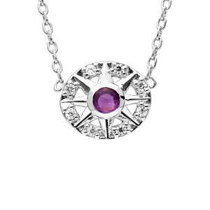 Collier en argent rhodié chaîne avec pendentif rond avec motif et Amethyste véritable 42cm - Vue 1
