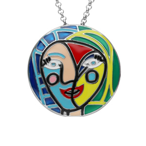 Collier en argent rhodié chaîne avec pendentif rond avec motifs abstraits colorés longueur 40+4cm - Vue 1