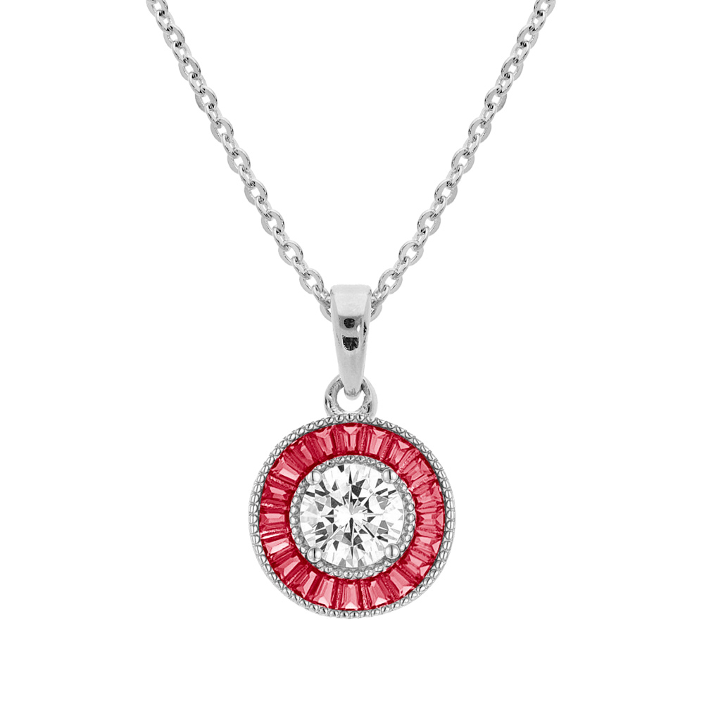 Collier en argent rhodi� cha�ne avec pendentif rond centre oxyde blanc et contour oxydes rectangulaires roses 40+5cm - Vue 1