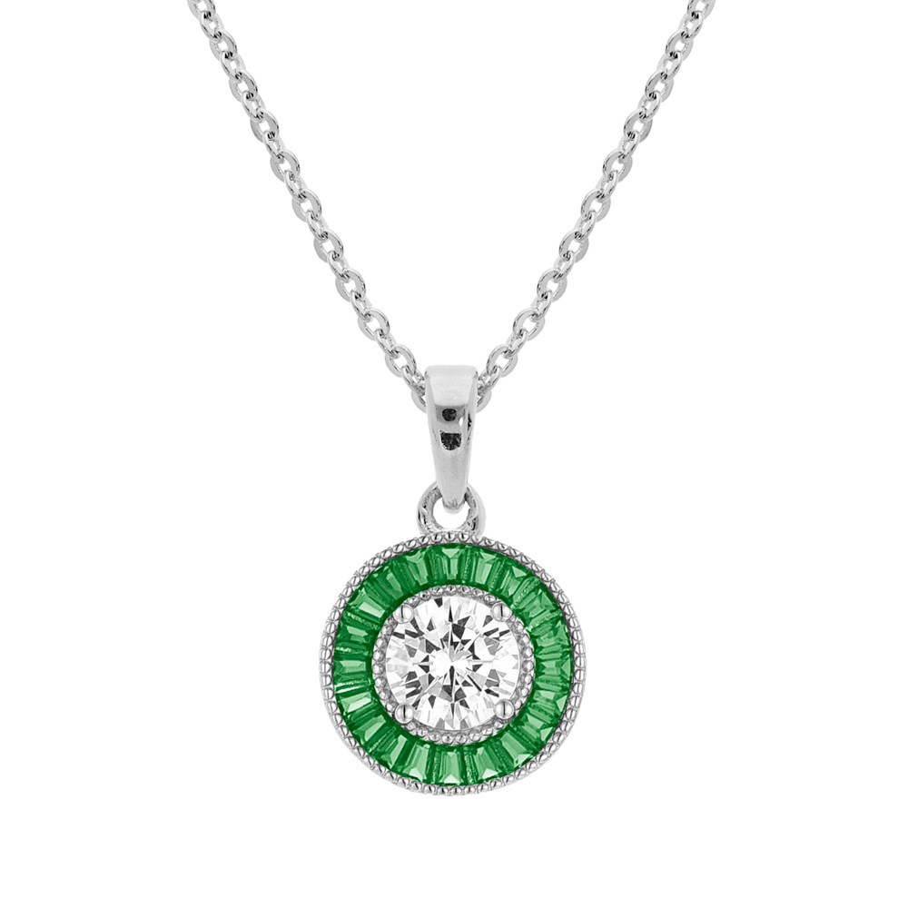 Collier en argent rhodi� cha�ne avec pendentif rond centre oxyde blanc et contour oxydes rectangulaires verts 40+5cm - Vue 1