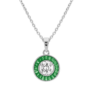 Collier en argent rhodi chane avec pendentif rond centre oxyde blanc et contour oxydes rectangulaires verts 40+5cm - Vue 1