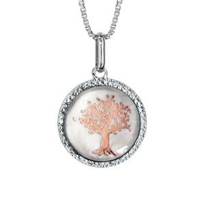 Collier en argent rhodi chane avec pendentif rond de 14mm en nacre blanche vritable avec arbre de vie rose et tour diamant - longueur 42cm + 3cm de rallonge - Vue 1