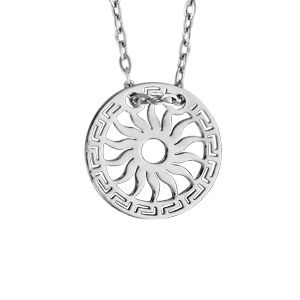 Collier en argent rhodi chane avec pendentif rond dcoup en mandres grecs sur le tour et soleil au milieu - longueur 40cm + 5cm de rallonge - Vue 1