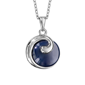 Collier en argent rhodi chane avec pendentif rond en cramique bleu marine avec virgule lisse sur moiti du tour - longueur 40cm + 5cm de rallonge - Vue 1