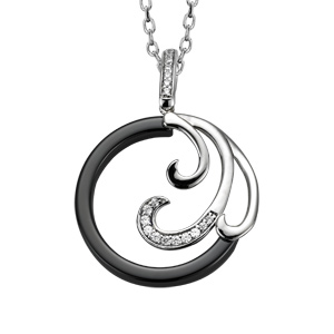 Collier en argent rhodi chane avec pendentif rond en cramique noire avec 3 vagues dont 1 orne d\'oxydes blancs sertis - longueur 42cm + 3cm de rallonge - Vue 1