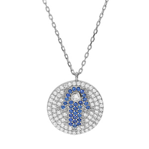 Collier en argent rhodi chane avec pendentif rond et main de fatma pav d\'oxydes blancs et bleus 40+5cm - Vue 1