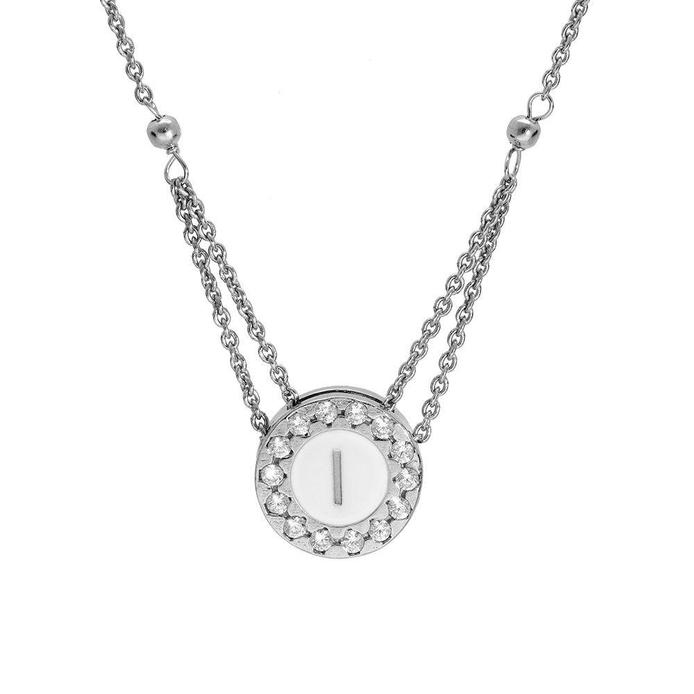 Collier en argent rhodi� cha�ne avec pendentif rond initiale I recto fond blanc et verso noire avec contour oxydes blancs sertis 40+5cm - Vue 1