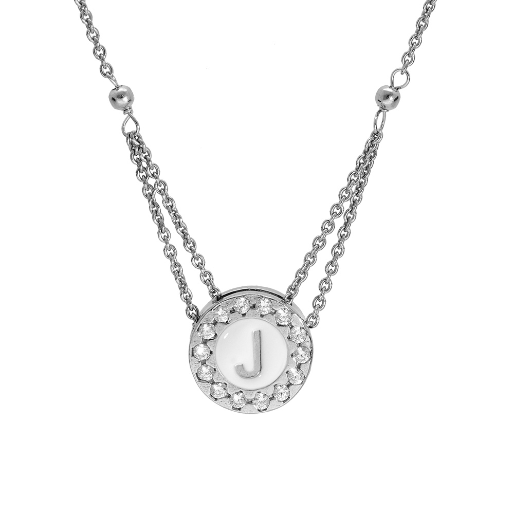 Collier en argent rhodi� cha�ne avec pendentif rond initiale J recto fond blanc et verso noire avec contour oxydes blancs sertis 40+5cm - Vue 1