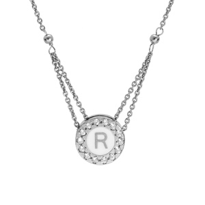 Collier en argent rhodi chane avec pendentif rond initiale R recto fond blanc et verso noire avec contour oxydes blancs sertis 40+5cm - Vue 1