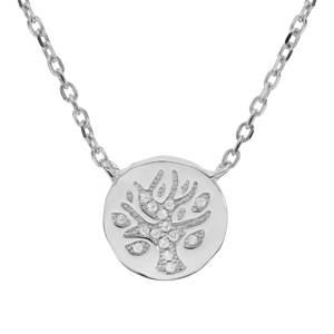 Collier en argent rhodi chane avec pendentif rond motif arbre de vie et oxydes blancs sertis 42+3cm - Vue 1