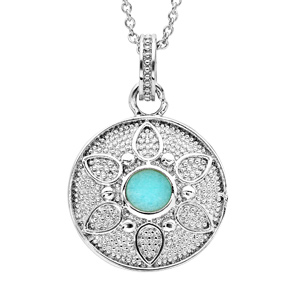 Collier en argent rhodi chane avec pendentif rond motif fleur pierre couleur turquoise 40+4cm - Vue 1