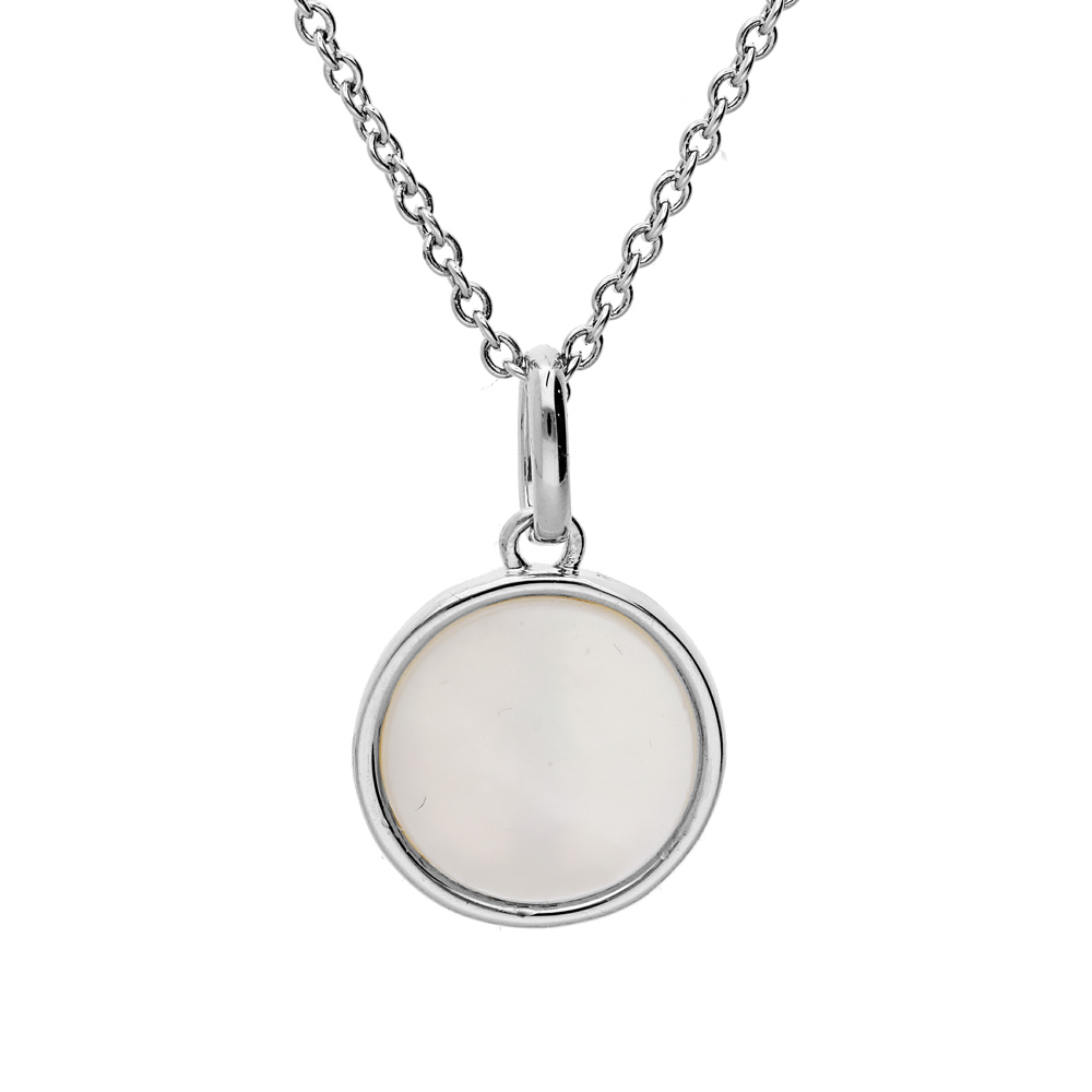 Collier en argent rhodi� cha�ne avec pendentif rond Nacre blanche v�ritable 10mm 40+4cm - Vue 1