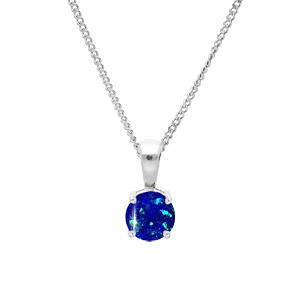 Collier en argent rhodié chaîne avec pendentif rond Opale bleu foncé de synthèse 5mm serti 4 griffes 42+3cm - Vue 1
