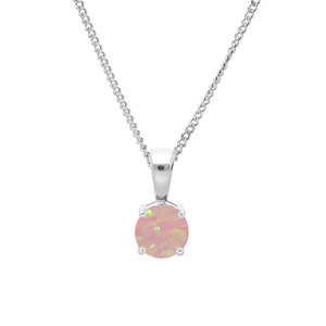 Collier en argent rhodi chane avec pendentif rond Opale rose de synthse 5mm serti 4 griffes 42+3cm - Vue 1